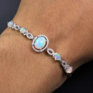 Natural Ethiopian Opal Bracelet, Oval Halo Centerpiece Multi Stone Line, October Birthstone Anniversary Gift