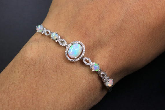 Natural Ethiopian Opal Bracelet, Oval Halo Centerpiece Multi Stone Line, October Birthstone Anniversary Gift