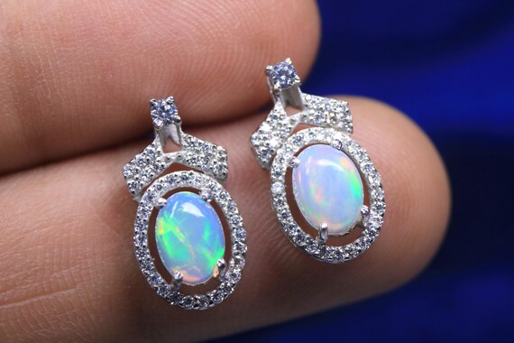 AAA Grade White Welo Opal With Moissanite Hole Sterling Silver Stud Earring, Wedding Jewelry