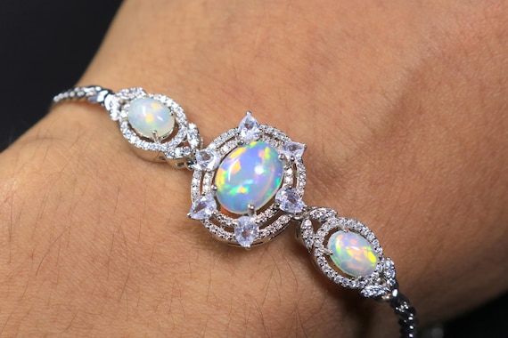 White Opal Bolo Bracelet Sterling Silver, Adjustable Halo Bridal Bracelet, October Birthstone Gift