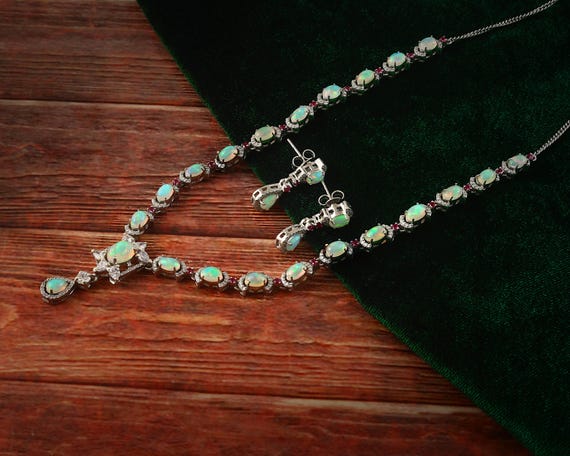 Natural Opal Pink Stone Statement Jewelry Set, Ethiopian Opal Tennis Necklace and Earrings Gift
