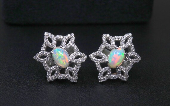 Opal Snowflake Stud Earrings, Sterling Silver Geometric Starburst Studs, White Opal Statement Jewelry Gift