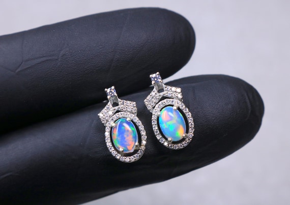 Natural Ethiopian Opal Earrings with Moissanite Accents, Sterling Silver Fire Opal Halo Studs Gift