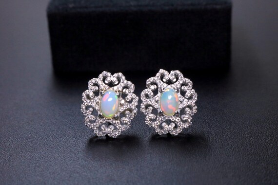 Opal Filigree Stud Earrings, Sterling Silver Ornate Scrollwork Studs, Vintage Scalloped Halo Earring