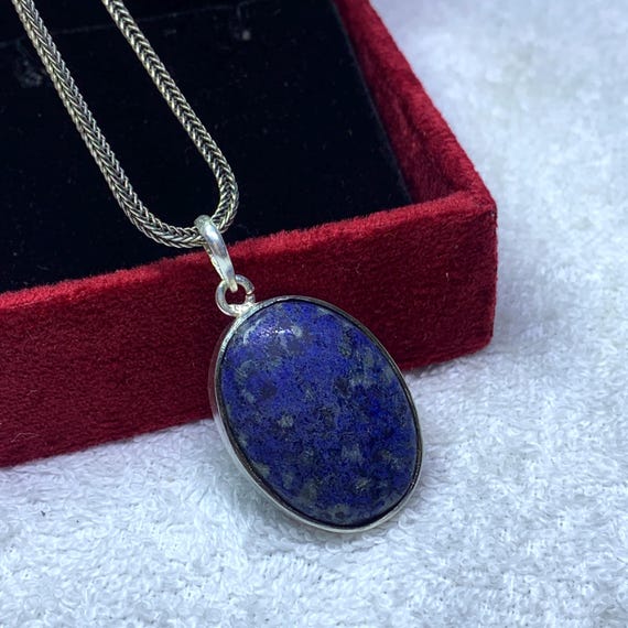 Vintage Lapis Lazuli Sterling Silver Pendant, Oval Shape Gemstone, Cluster Wedding Jewelry
