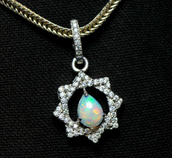 Ethiopian Opal Pendant: Sterling Silver Necklace, Moissanite Accents