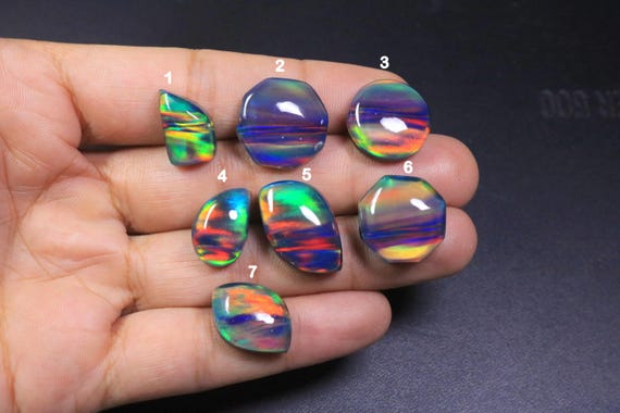 Aurora Opal Fancy Cut Cabochon Lot, Black Fire Opal, Freeform Hexagon Round Loose Gemstones