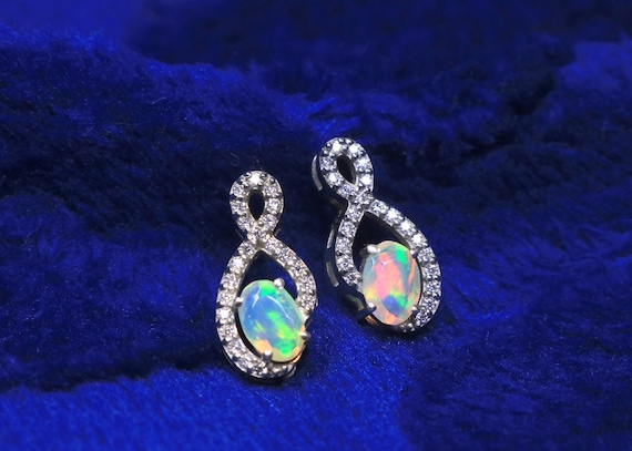 Faceted Cut White Ethiopian Opal With Moissanite Sterling Silver Stud Earring, Birthstone Anniversary Earrings