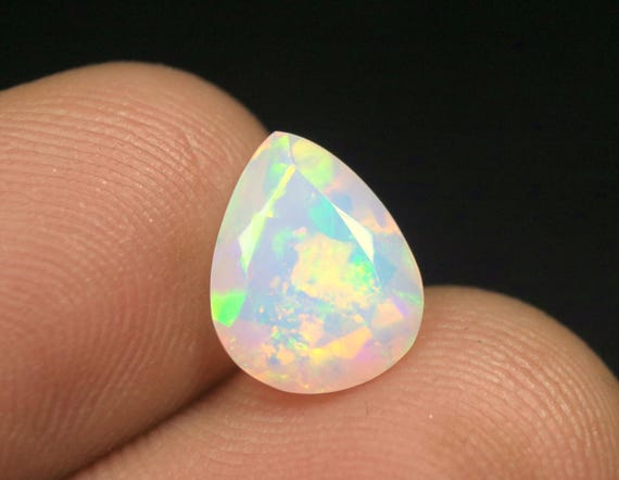 Genuine Ethiopian Opal Faceted Gemstone : 1.60 CT Pear Multi Flashy Fire Welo Opal Stone