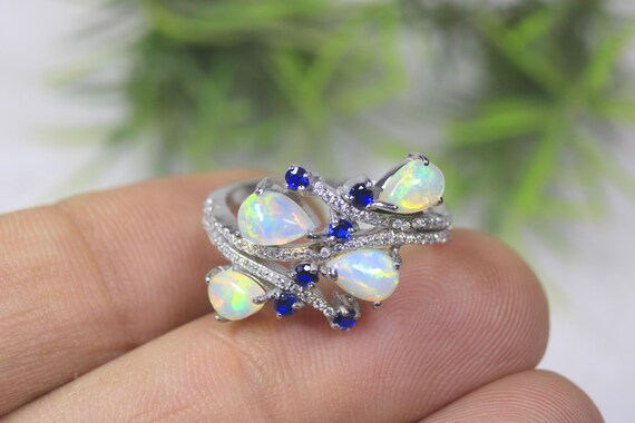 Vintage Teardrop Ethiopian Opal Bypass Ring, Crystal Leafy Branch Band, Fine Moissanite Anniversary Jewelry