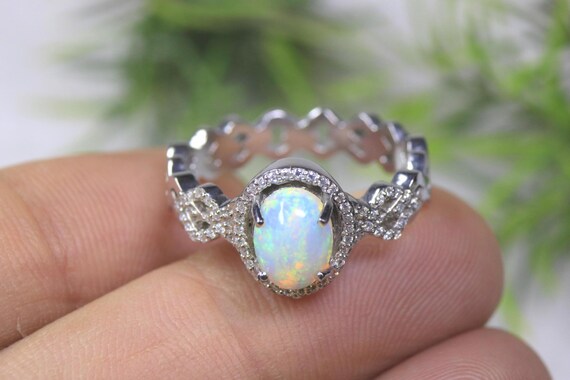 Infinity Halo Ethiopian Opal Ring, Moissanite Promise Band, Sterling Silver Celtic Knot Engagement Jewelry