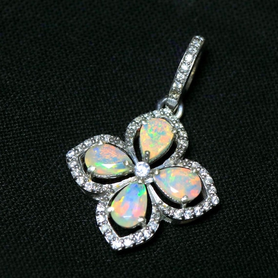 Fire Opal Pendant: Pear Shape 925 Sterling Silver Flower