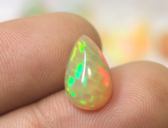Honeycomb Fire Opal Pear Cabochon: 2.25 CT Multicolor Jelly Opal Loose Gemstone For Jewelry