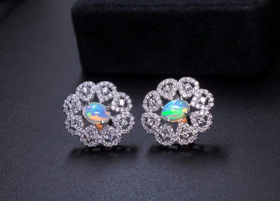 Natural Ethiopian Opal Flower Earrings, Sterling Silver Filigree Studs, Moissanite Halo
