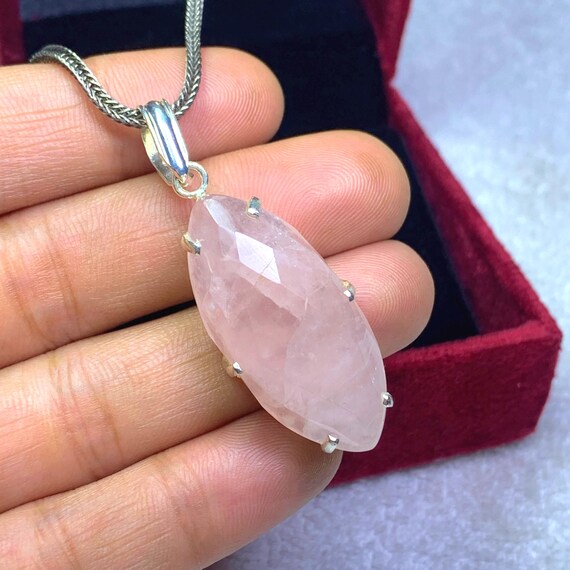 Natural Rose Quartz Pendant | Marquise Cut Gemstone, 925 Sterling Silver | Anniversary Jewelry Gift Her