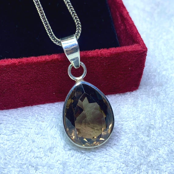 Natural Smoky Quartz 925 Sterling Silver Pendant, Pear Shape, Mid-century Smoky Jewelry Gift Her