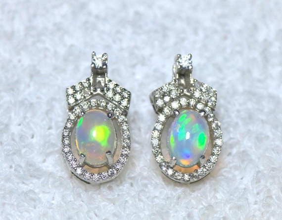 Natural Ethiopian Fire Opal Moissanite Sterling Silver Stud Earrings Oval Cab Prong Set