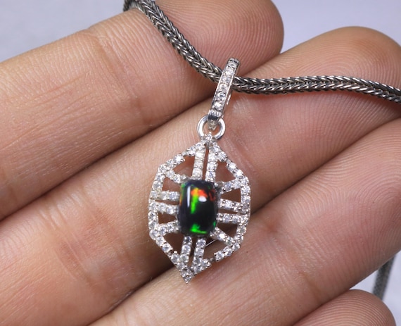 Vintage Art Deco Ethiopian Black Opal Pendant, Sterling Silver Statement Jewelry for Women