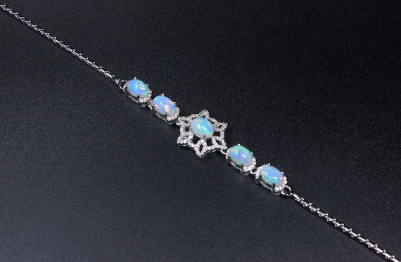 Natural Ethiopian Opal Bracelet, Sterling Silver Snowflake Starburst, October Birthstone Anniversary Gift