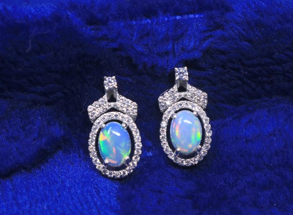 Unique Oval White Opal With Moissanite Hole Sterling Silver Stud Earring, Birthstone Wedding Earrings