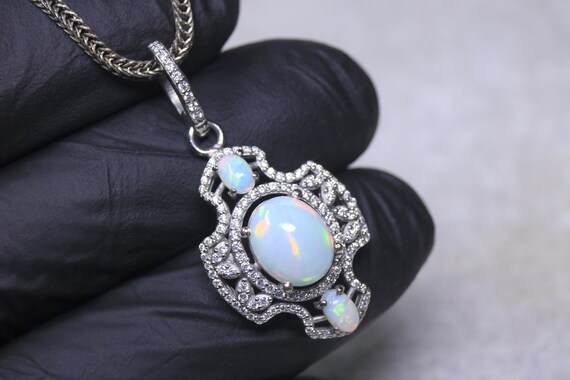 Vintage Style Silver Opal Pendant Necklace, Art Deco White Opal Statement Jewelry Gift
