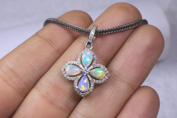 Minimalist Opal Cabochon Flower Pendant: Sterling Silver Bridesmaid Jewelry