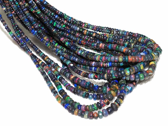 Multi Fire Ethiopian Opal Rondelle Beads: AAA+ Grade Black Welo Opal Strand (3-5mm)