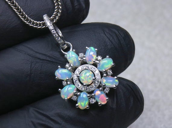 Floral Silver Opal Pendant Necklace, Starburst Flower White Opal Statement Jewelry Gift