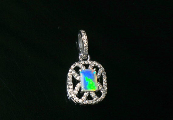 Baguette Ethiopian Opal Pendant Necklace: Sterling Silver, Moissanite Accents