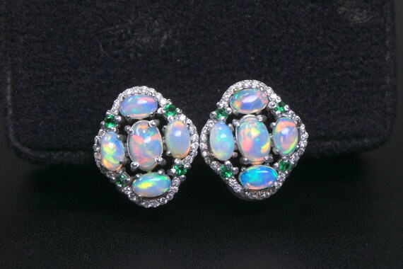 Rhombus Opal Cluster Earrings, Sterling Silver Diamond Shaped Studs, Multi Stone Halo Earrings