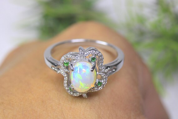Ethiopian Opal Ring, Abstract Cluster Clover Fashion Accessory Band, Moissanite Halo Cocktail Jewelry Gift
