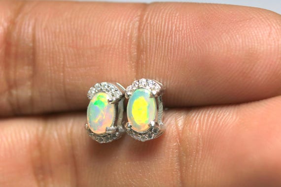 Sterling Silver Ethiopian Opal Earrings – Moissanite Accent
