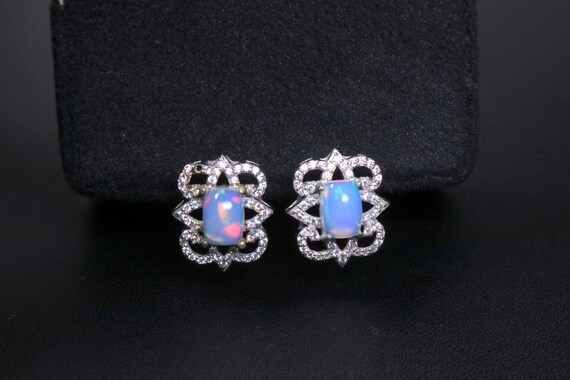 Cushion Cut Opal Earrings, Silver Geometric Quatrefoil Studs, Fire Opal Art Deco Jewelry Gift