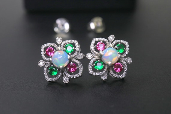 Opal Four Leaf Clover Earrings, Sterling Silver Multi Gemstone Studs, Flower Cluster Earrings