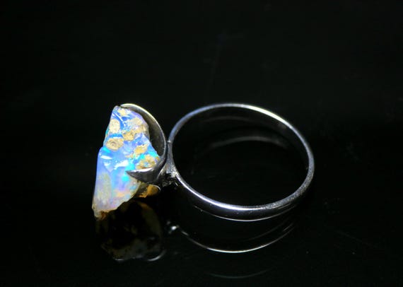 Raw Fire Opal 925 Silver Wedding Ring: Unique Solitaire Prong Setting