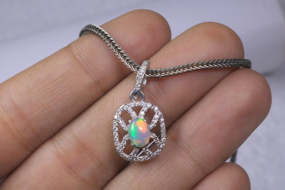 Wedding Opal Jewelry, Art Deco Moissanite Halo Sterling Silver Pendant, October Birthstone