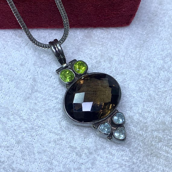 Vintage Multi Cut Gemstone Silver Pendants, Designer Handmade Boho Ethnic Jewelry Gift For Her