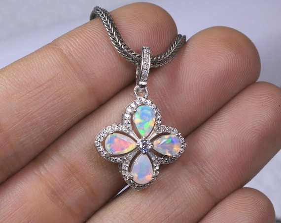Dainty Opal Flower Pendant: Sterling Silver Bridesmaid Jewelry