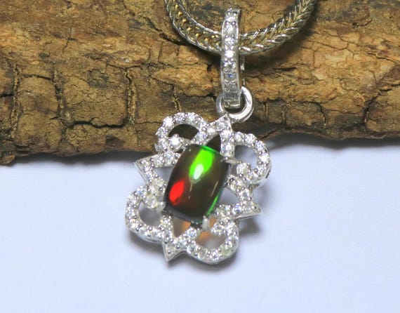 Black Ethiopian Opal Pendant Necklace: Sterling Silver Cushion Halo