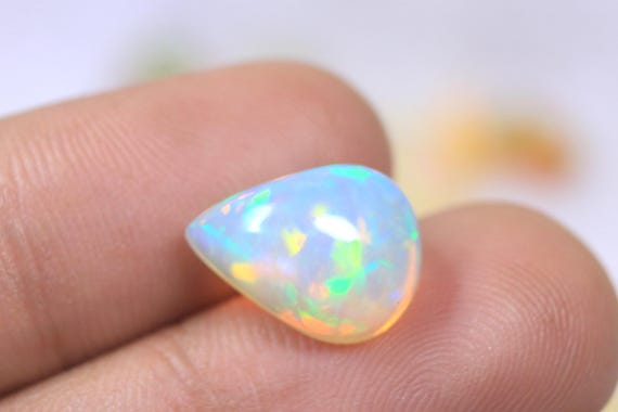 Pear Opal Loose Cabochon: 4.40 CT Genuine Multi Fire Ethiopian Opal Gemstone For Jewelry