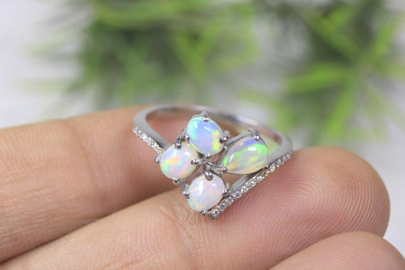 Handcrafted Ethiopian Opal Ring, Sterling Silver, Four Stone Cluster, Moissanite Accents