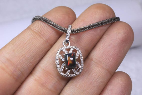 Vintage Art Deco Black Opal Pendant 925 Sterling Silver, Moissanite Accents Necklace Gift Her