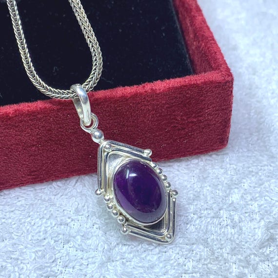 Vintage Boho Style Natural Amethyst Pendant, Oval Shape, Wedding Silver Jewelry Gift