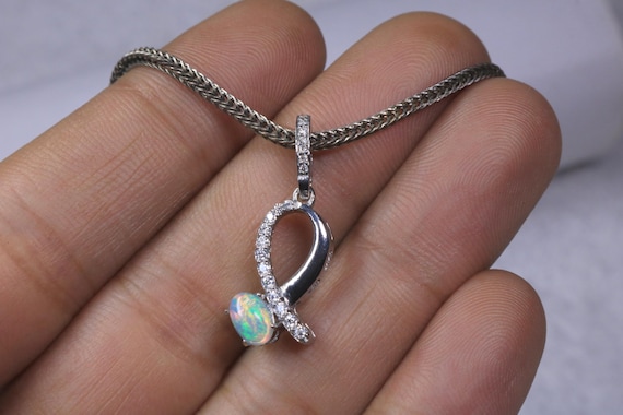 Ethiopian Opal Cabochon Sterling Silver Pendant, Moissanite Accents Anniversary Jewelry Gift for Her
