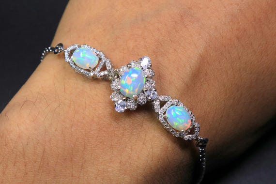Natural Ethiopian Opal Bracelet, Sterling Silver, Oval Fire Opal, October Birthstone Gift for Her