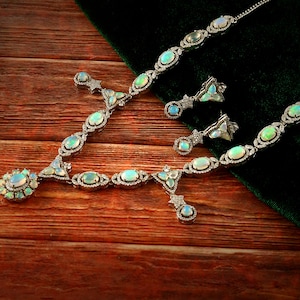 Ethiopian Opal Bridal Statement Jewelry Set, Sterling Silver Opal Necklace and Earrings, October Birthstone