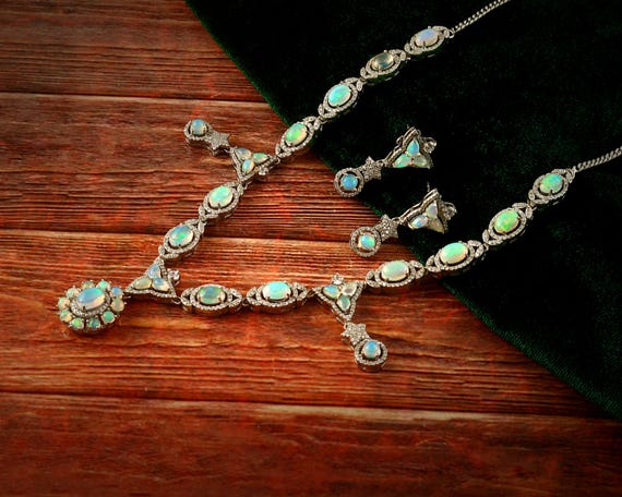 Ethiopian Opal Bridal Statement Jewelry Set, Sterling Silver Opal Necklace and Earrings, October Birthstone