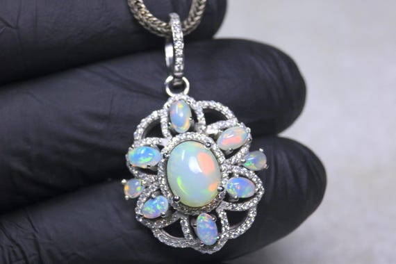 Large White Opal Mandala Pendant, Sterling Silver Statement Pendant, October Birthstone Jewelry Gift