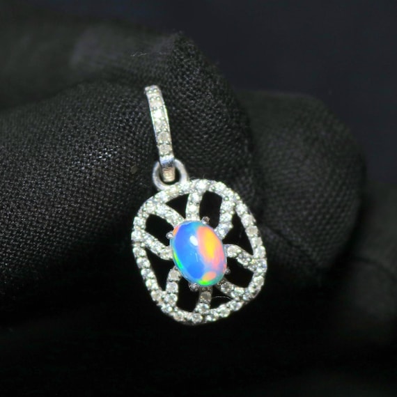 Oval Ethiopian Opal Pendant Necklace, Sterling Silver & Moissanite