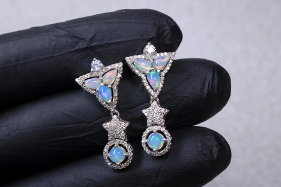 Natural Ethiopian Opal Dangle Earrings, Sterling Silver Fire Opal Statement Jewelry, Gift for Her